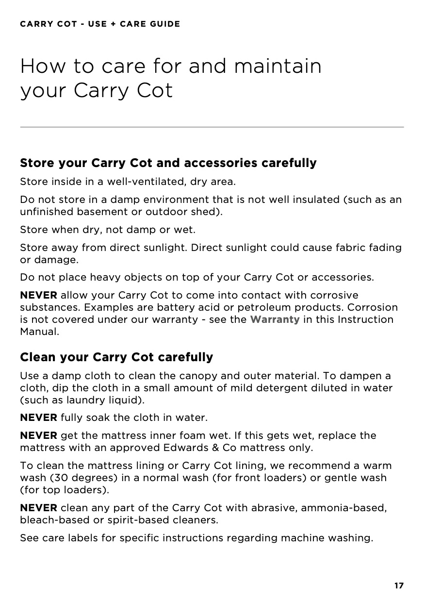 Edwards and Co Carry Cot Washing Instructions/Care & Maintenance